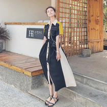 Black stitching dress female summer thin French temperament retro coffee break royal sister light cooked wind shirt long skirt
