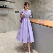 Taro purple bubble sleeve dress female summer 2021 new temperament sweet fairy French retro coffee break long skirt