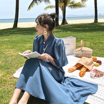 Blue shirt dress womens summer 2021 new bubble sleeve fairy super fairy forest French retro niche skirt