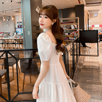 White dress summer French first love sweet bubble sleeve skirt square collar gentle fairy cotton linen dress