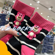 New Tide Socks Children Ins Tide Pink Cartoon Outwear Striped Rose Red Strawberry Bear Midbarrel Socks Nets Red