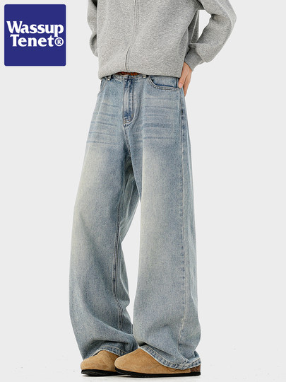 Wassup Tenet American-Style Washed Whiskered Jeans for Men, Autumn Trendy High Street Straight Loose Casual Long Pants