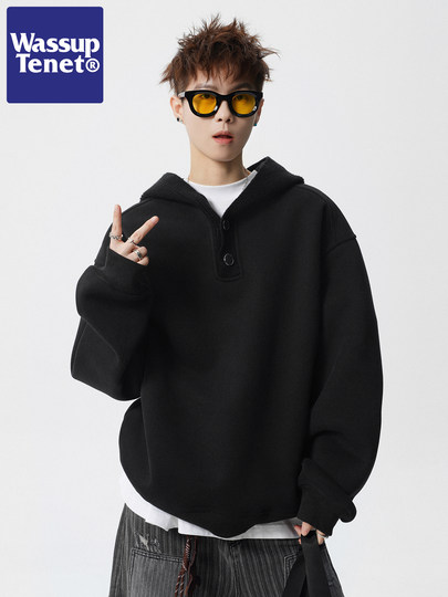 Wassup Tenet American-Style Heavyweight Button-Up Hooded Sweatshirt for Men, Spring and Autumn Trendy Brand Couple's Loose Casual Jacket