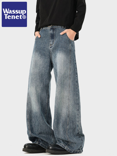 Wassup Tenet American High Street Washed Straight-Leg Jeans for Men, Autumn Trendy Brand Loose Wide-Leg Scimitar Pants