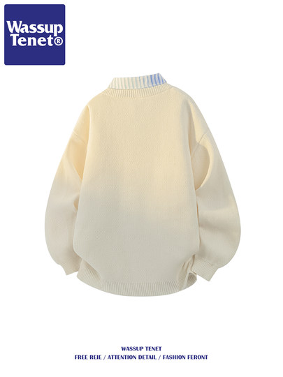 Wassup Tenet American Style Fake Two-Piece Sweater for Men, Autumn and Winter Trendy Brand, Lazy Style, Loose Knitwear for Couples