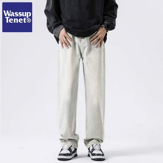 Wassup Tenet American Style Trendy Washed Jeans for Men, Autumn Loose Fit Couple Straight Casual Versatile Long Pants