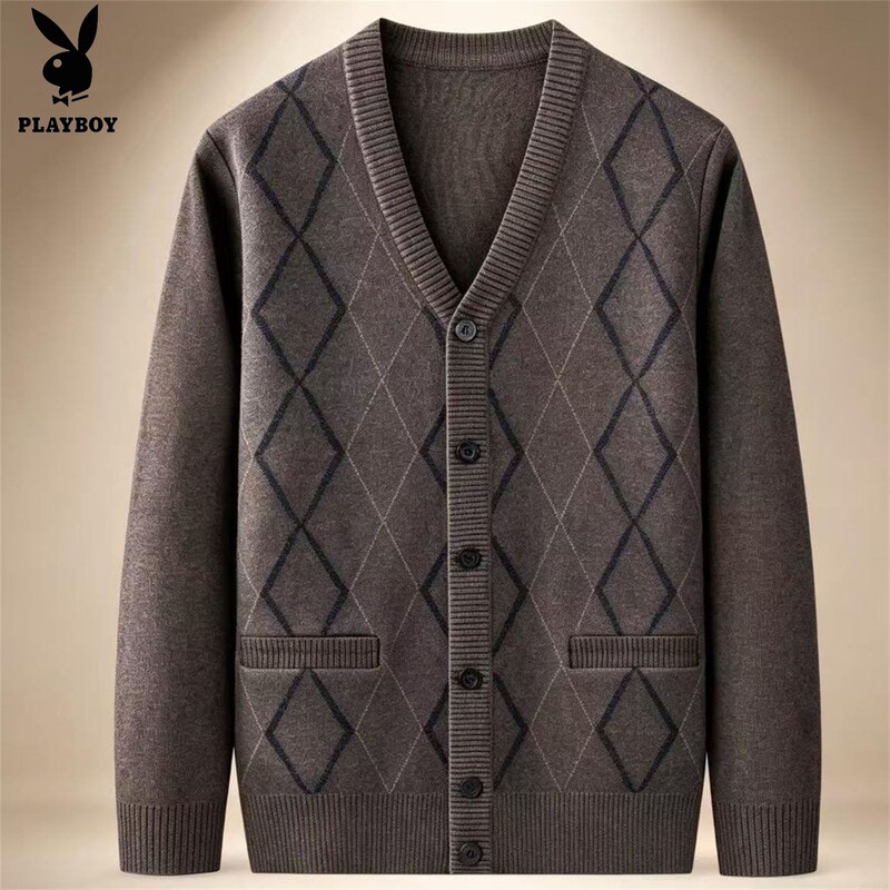 Playboy's New Autumn and Winter Wool Cardigan for Middle-Aged and Elderly Men, Dad's Knit Sweater, Grandpa's Sweater Jacket