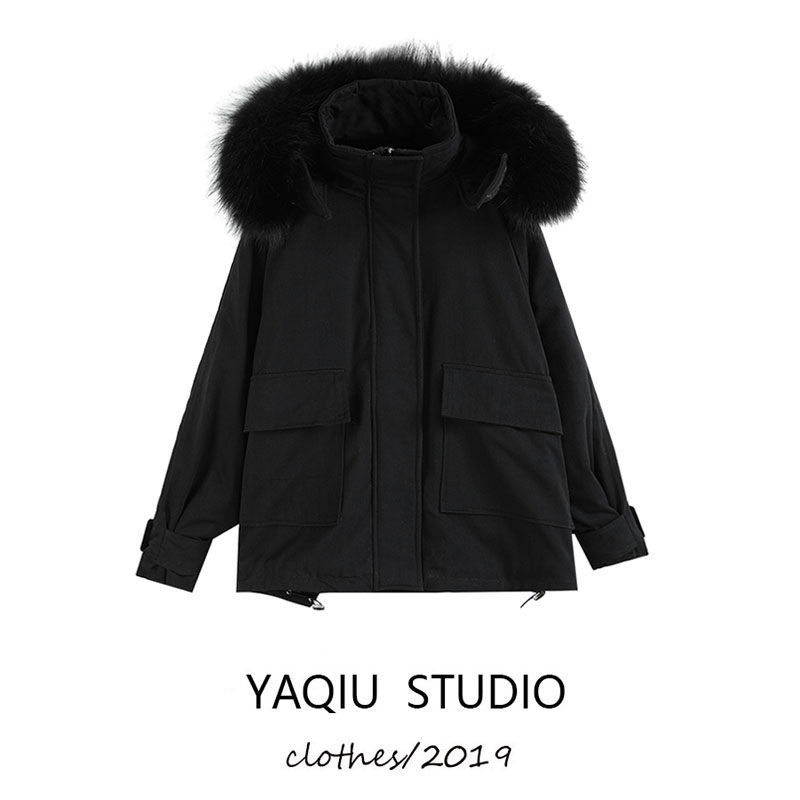 Cotton clothes woman 2021 Winter new large fur collar Even cap thickened loose goat wool cotton coat overcoat jacket tide