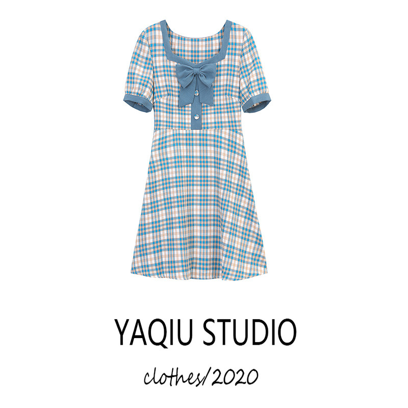 Haiyan girl square neck blue bow plaid skirt female summer slim waist temperament dress