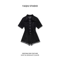 American denim jumpsuit women high waist 2021 summer new light color loose wide leg denim shorts tide