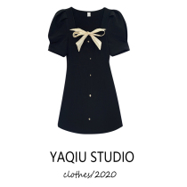 French retro lace-up bow clavicle chiffon dress temperament waist short sleeve small black skirt summer