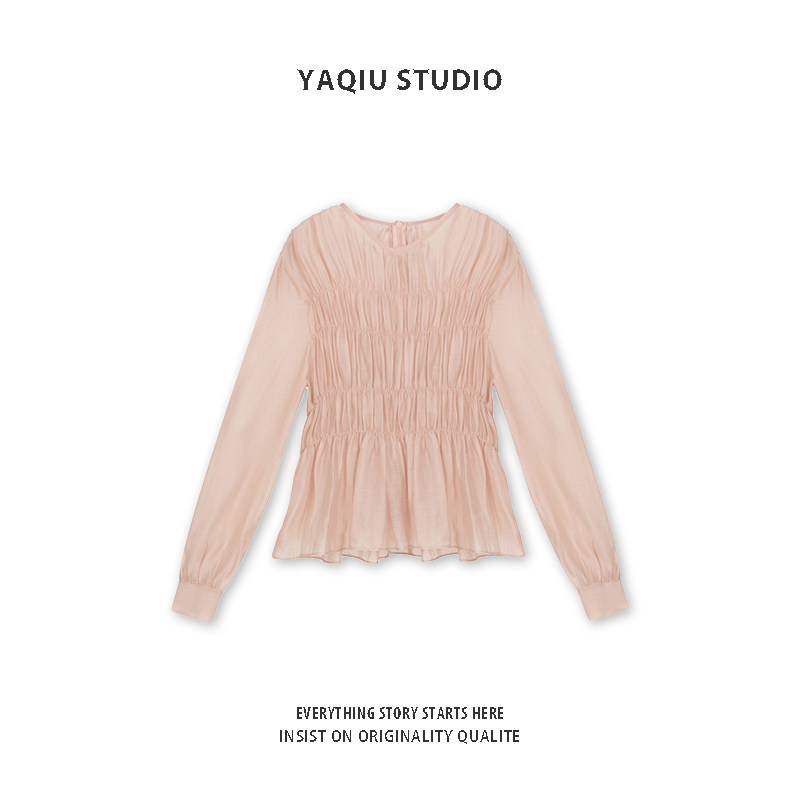 2021 new Korean version of the sweet pink pullover top women's spring and summer puff sleeves waist thin foreign small shirt