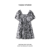 Bubble sleeve dress Women summer 2021 new waist high waist commuter small man retro square collar skirt