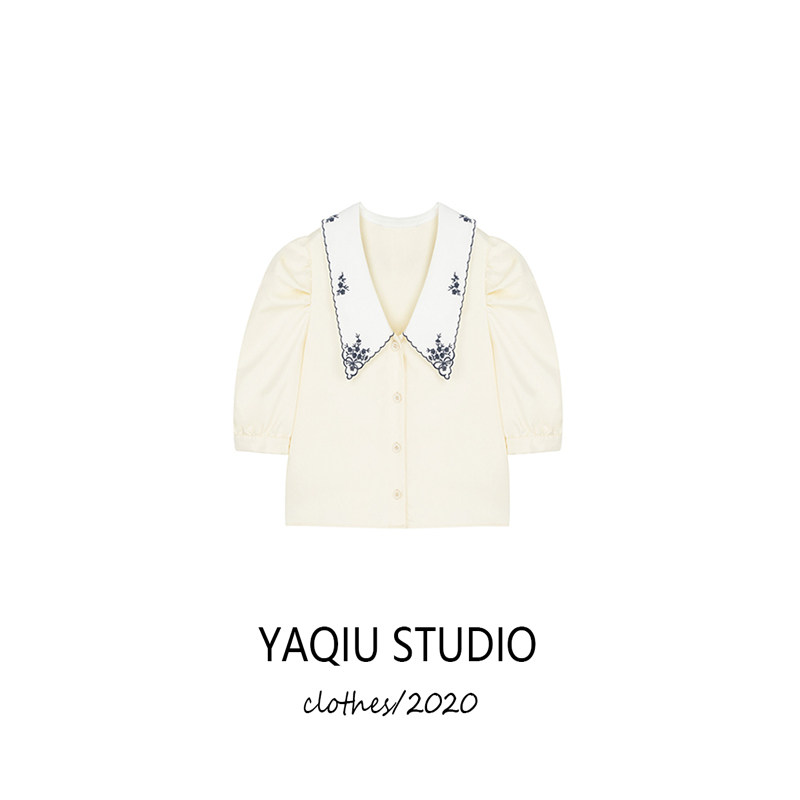 Embroidery turned collar white shirt woman design feeling small Korean version of bubble sleeve temperament spring dress blouses
