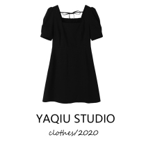 Dress women 2021 new waist thin temperament French square collar small black skirt A- line dress tide