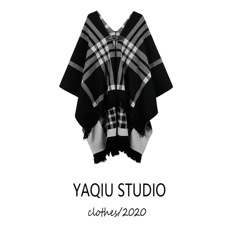 (Double-sided shawl)plaid shawl jacket Women wear a cloak on both sides of the wool knitted outer wear