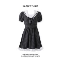 Navy collar Plaid Academy dress summer short small plaid sweet pleated short sleeve skirt