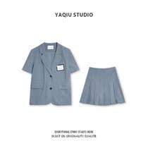 Set 2021 new womens summer age sweet cool denim jacket pleated skirt two-piece tide