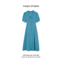 Classic suit dress summer high waist solid color new solid color temperament V collar a word bubble sleeve skirt women