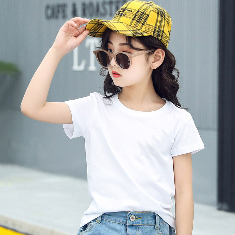 Girls short sleeves T-shirt 2022 summer dress new children's white top cotton in the big boy pure white body shirt half sleeve tide