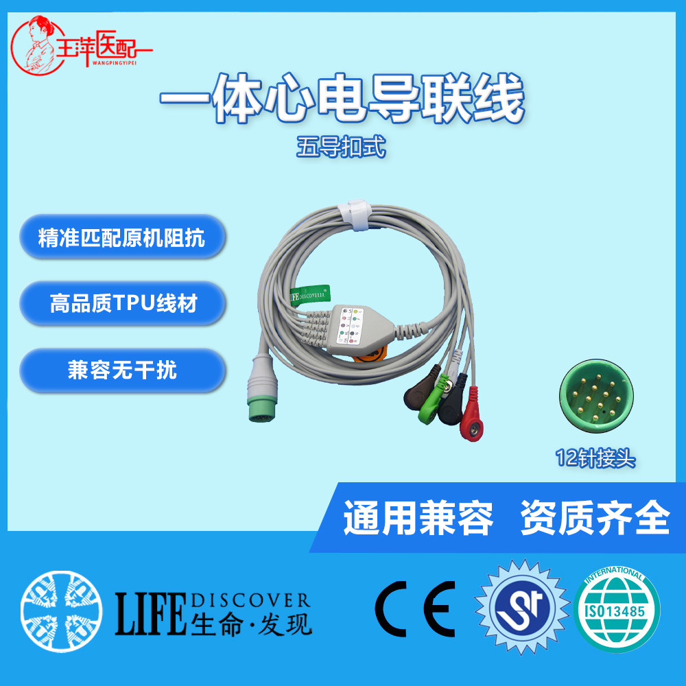 宝莱特A3 A5 A6 A8 Q5心电监护仪监护仪 12针五导扣式心电导联线