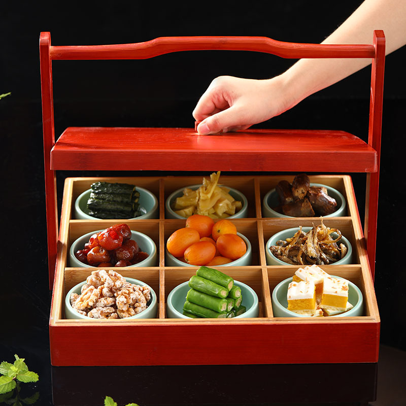 Retro Nine-Compartment Portable Box Restaurant Hot Pot Hotel Open Kitchen Bamboo Tray Club Cold Dishes and Snacks Set Combination
