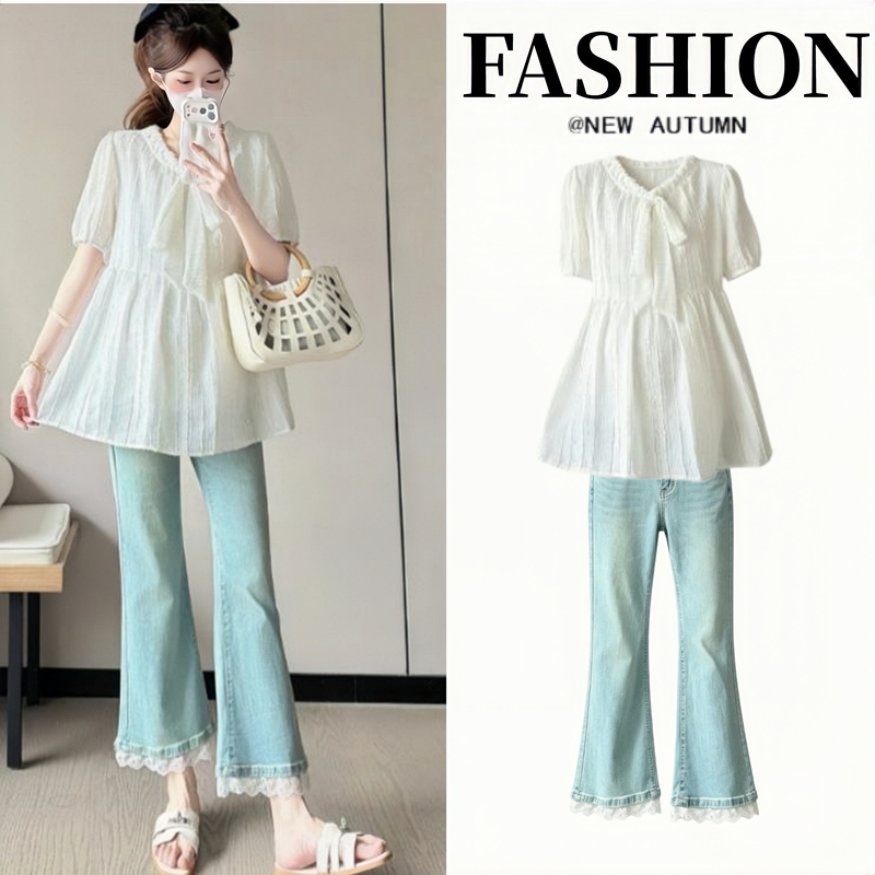 Maternity Outfit 2026: High-End Pregnancy-Friendly Outfit, Babydoll Shirt, Short-Sleeve T-Shirt + Flared Jeans Two-Piece Set
