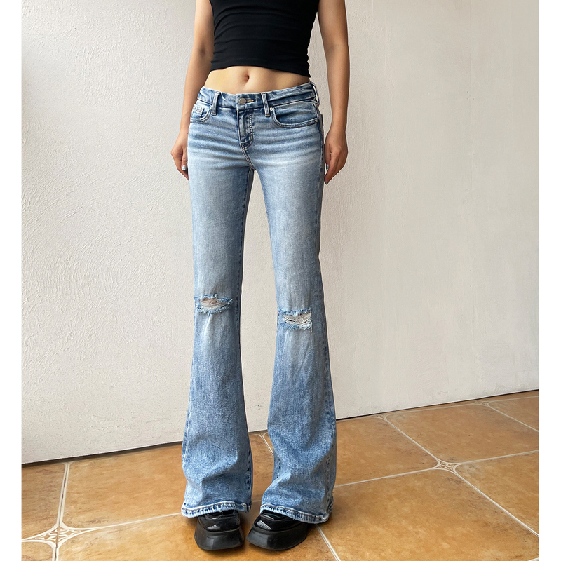 Original American Retro Millennium Hot Girl Low-Waist Jeans for Women, Slightly Flared, Ripped, Slim-Fitting, Butt-Lifting, Extended Length Pants