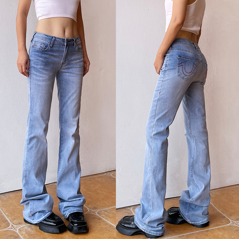 Original Vintage Millennium Hot Girl Mid-Low Waist Jeans for Women, Light Blue Flared Pants, Slim Fit, Floor-Length Trousers