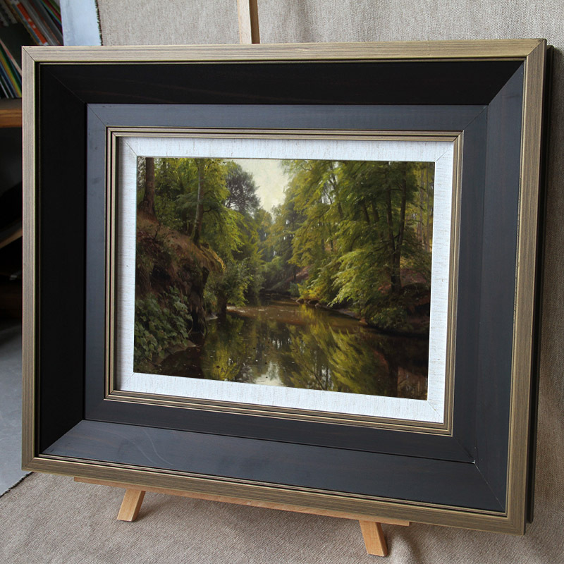 Oil Painting Frame, Pure Solid Wood Outer Frame, Modern Watercolor Sketch Frame, Dark Coffee Gold-Edged Picture Frame, Width 9.3cm