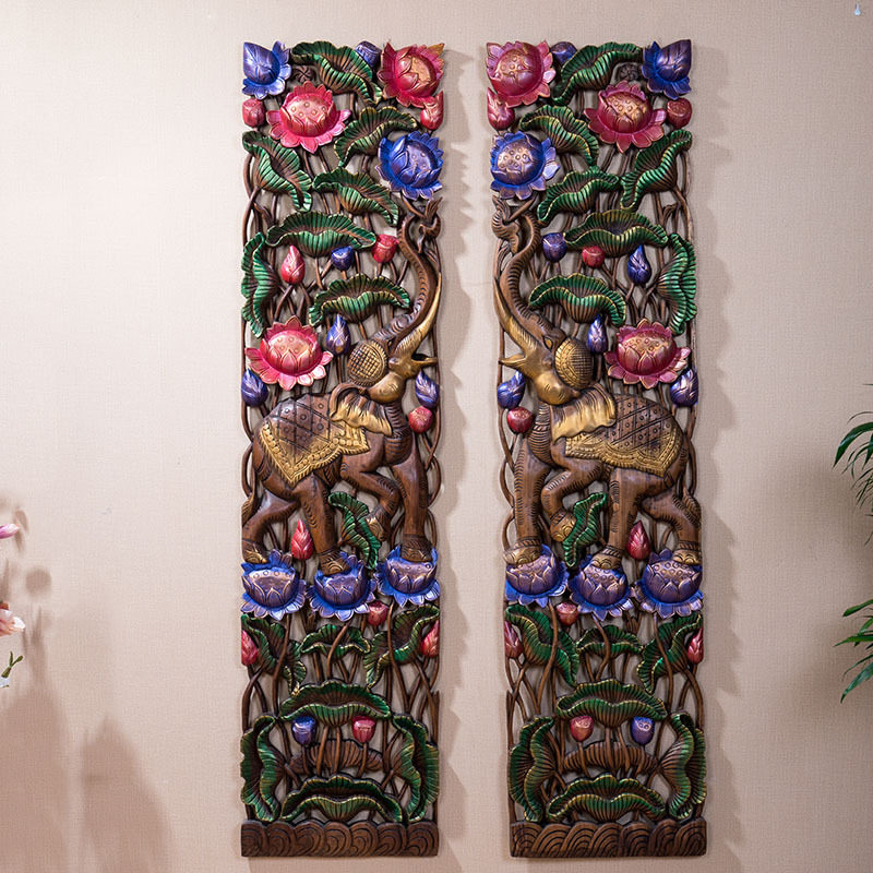 Thai-style villa restaurant hotel wall decoration solid wood hand-carved painting carving board decorative murals