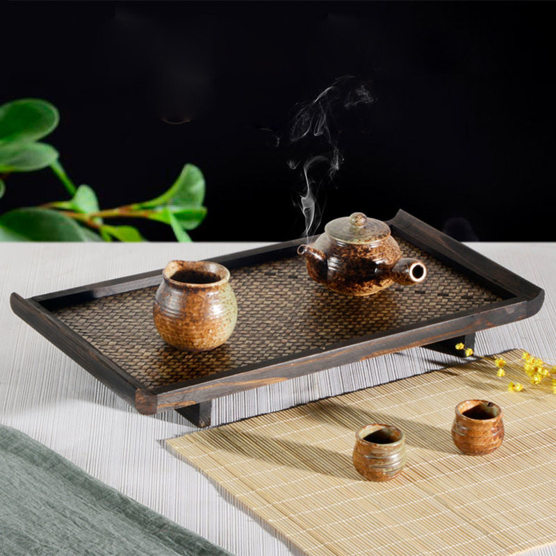 Thai craft gift decoration Teng weaving retro tea tray living room solid wood fruit plate decoration decoration bamboo tray