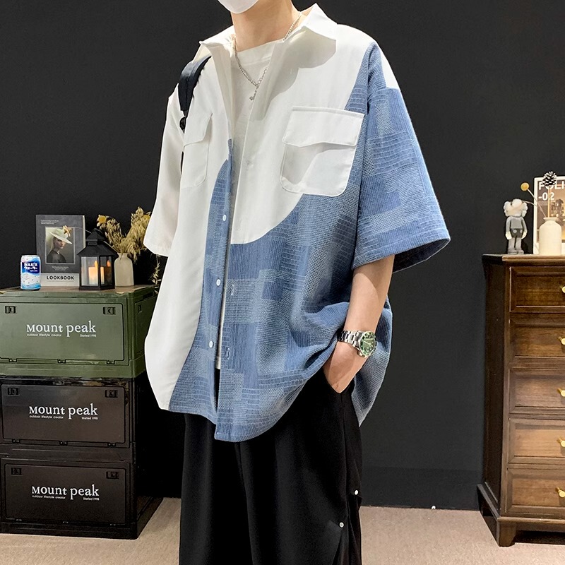 Denim Patchwork Short-Sleeve Shirt for Men, Summer Trendy Casual Stylish High-End Workwear Shirt, 2025 New Jacket Denim Patchwork Short-Sleeve Shirt for Men, Summer Trendy Casual Stylish High-End Workwear Shirt, 2025 New Jacket
