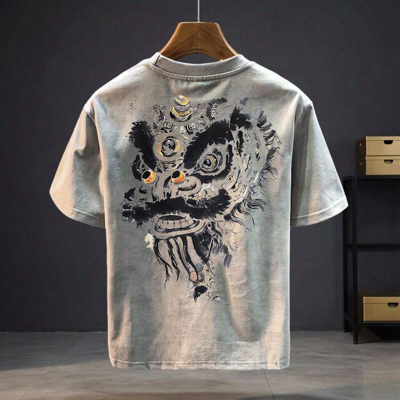 Chinese Style Lion Dance Pattern Short-Sleeve T-Shirt for Men, New Summer Style, Vintage Heavy Cotton, Loose Fit, Unique and Versatile Top Chinese Style Lion Dance Pattern Short-Sleeve T-Shirt for Men, New Summer Style, Vintage Heavy Cotton, Loose Fit, Unique and Versatile Top