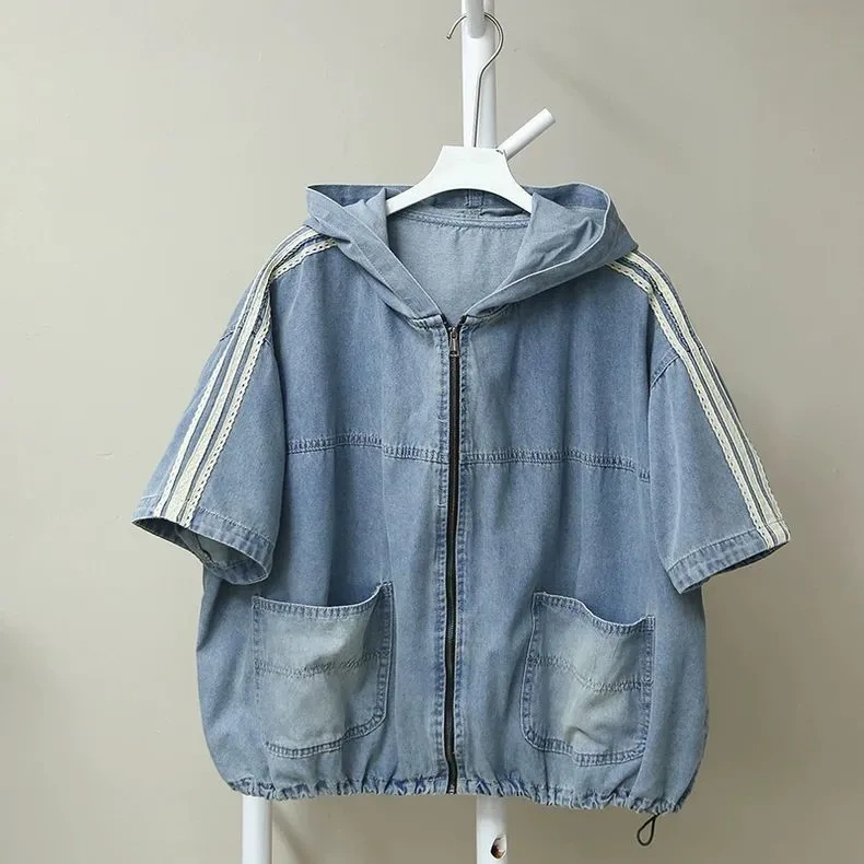 Denim Lace Patchwork Hooded Top Zipper Short Outwear Summer New Thin Short-Sleeved Top Hong Kong Style Shirt Trendy