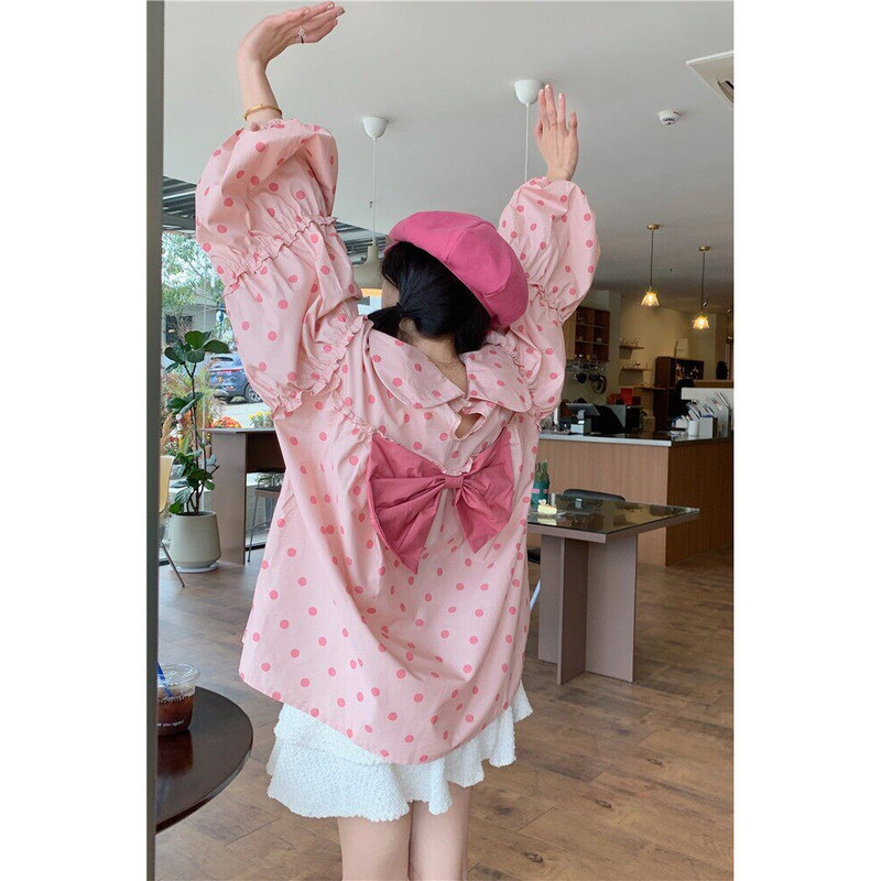 Plus Size Women's Clothing 2026 Spring and Summer New Japanese Sweet Doll Collar Age-Reducing Polka Dot Three-Dimensional Bow Slimming Shirt