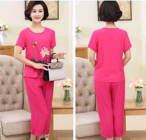 Bộ đồ mùa hè cho mẹ trung niên và phụ nữ lớn tuổi được in bằng vải cotton và vải lanh hai mảnh tuổi trung niên 40-50 tuổi váy cho phụ nữ trung niên