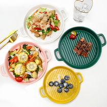 Binaural ceramic baking plate round pizza plate creative home microwave oven oven baked rice plate steak plate