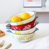 Day Style Creative Personality Ceramic Binaural Bowls Home Baking Baking Bowls Steamed Egg Bowls Breakfast Bowls Single Fruit Salad Bowl