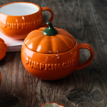 Pumpkin ceramic cup cute cartoon with lid spoon household Breakfast Oatmeal cup Milk Cup student water cup pudding cup