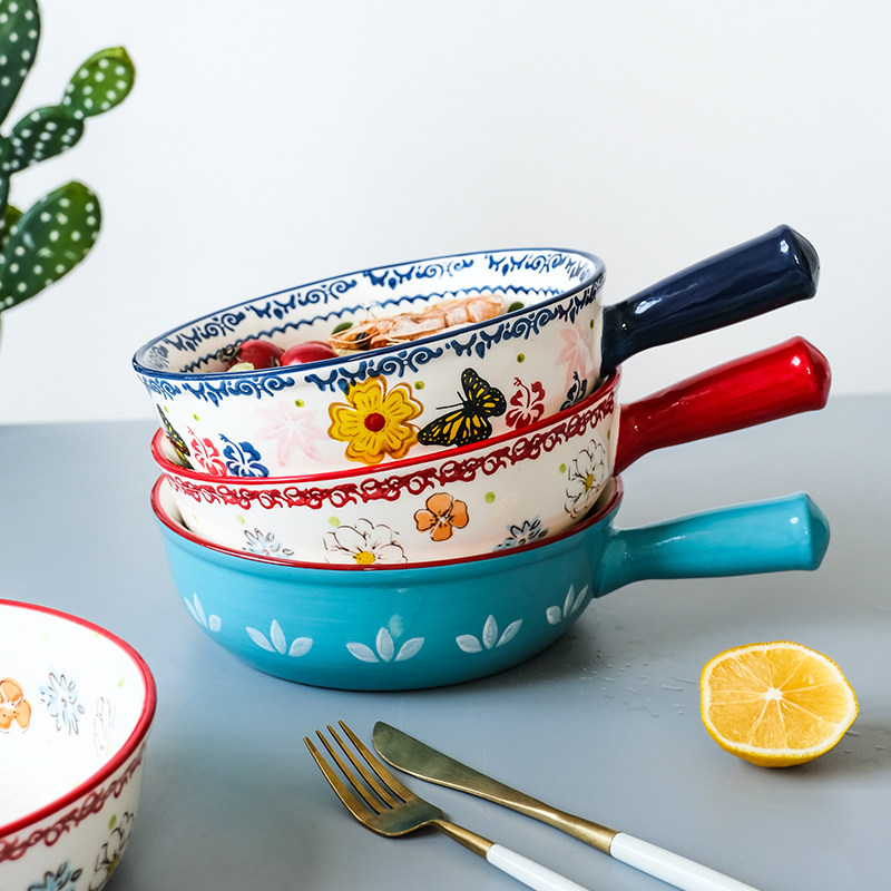 8-inch handle bowls creative personality with handle ceramic baking bowl Home Baking Rice Bowl Large Fruit Salad Bowl with Blister Noodle Bowl