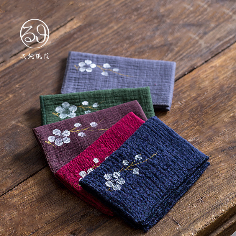 Tea towels Absorbent Thickened Zen cotton linen embroidered with small square towels Office Gongfu Tea Tea Road raising pot cloth accessories