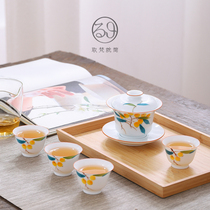 Japanese tea set Jingdezhen hand-painted three-cai Gaiwan Kung Fu tea set Living room household simple modern gift box