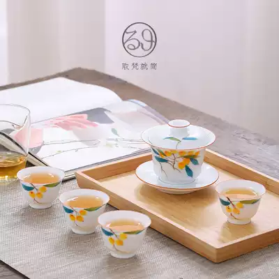Japanese tea set Jingdezhen hand-painted three-cai Gaiwan Kung Fu tea set Living room household simple modern gift box