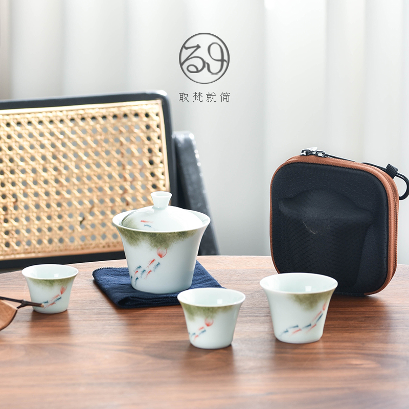 Hand Painted Cover Bowl Tea Set Group Travel Tea Maker One Pot of Three Cups Quick Guest Cup Portable Outdoor Tourist Bag