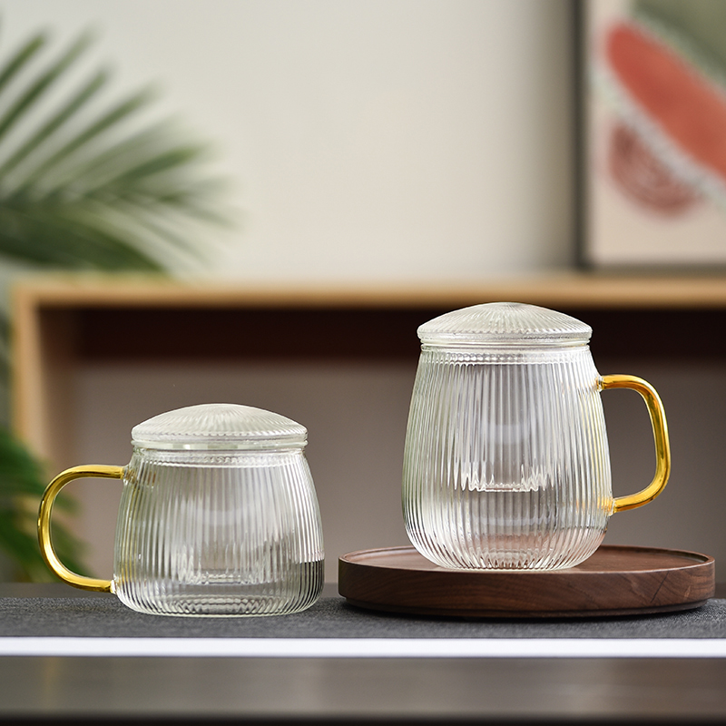 Glass striped Japanese office tea separate tea cup students with filter large capacity heat resistant transparent water cup