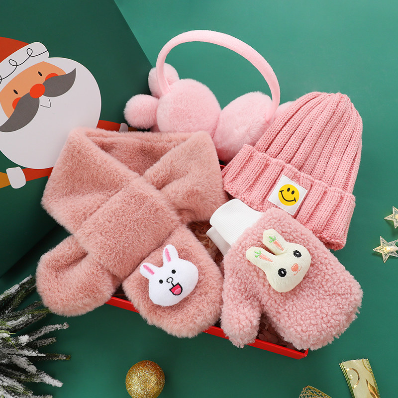 Kids hat gloves scarf three pieces boys little girl set girls winter cute warm ear cups gift box