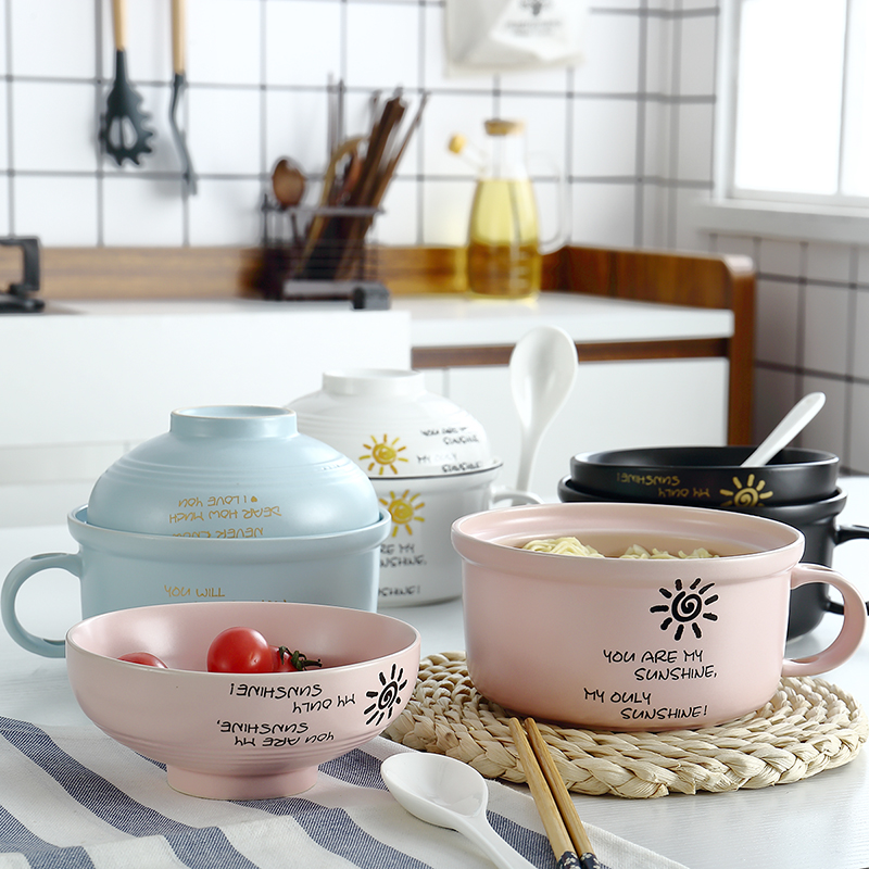 Ceramic instant noodle bowl with lid set set eating bowl student canteen dormitory lunch box one person food tableware household lunch box