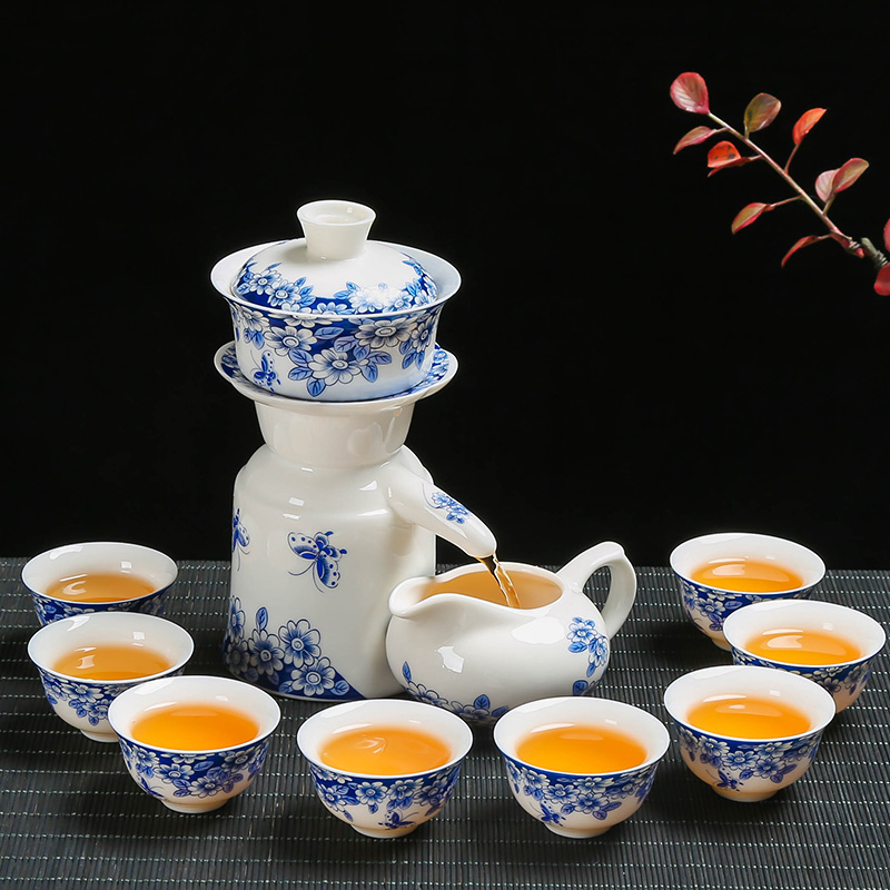 A complete set of ceramic semi - automatic lazy time of blue and white porcelain tea set suits for all artesian hot tea. Preventer gift boxes