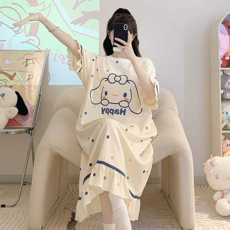 Cinnamon Dog Pajamas for Women, Pure Cotton, Summer Short-Sleeve, Thin, Cute, Long Nightdress, Plus Size, Loose Fit, 100kg Homewear